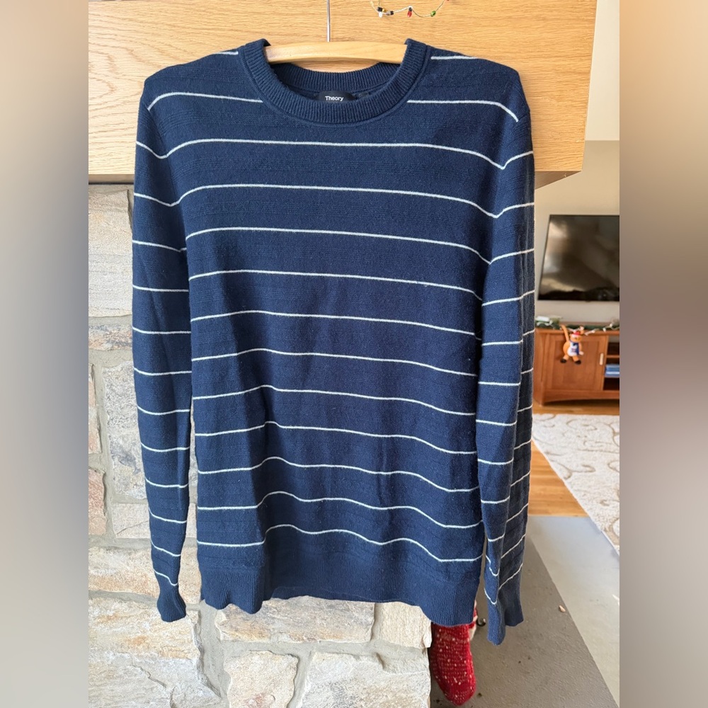 Theory Sweater Mens Small Pullover Haider Stripe 100% Cashmere Blue Beige